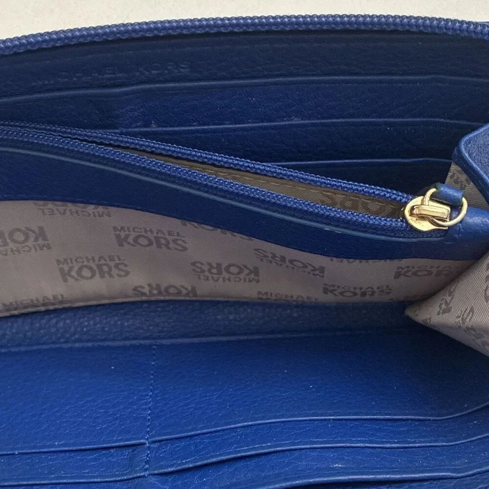 Michael Kors Women’s Blue Zip-Around Wallet with Logo Accents, Credit Card